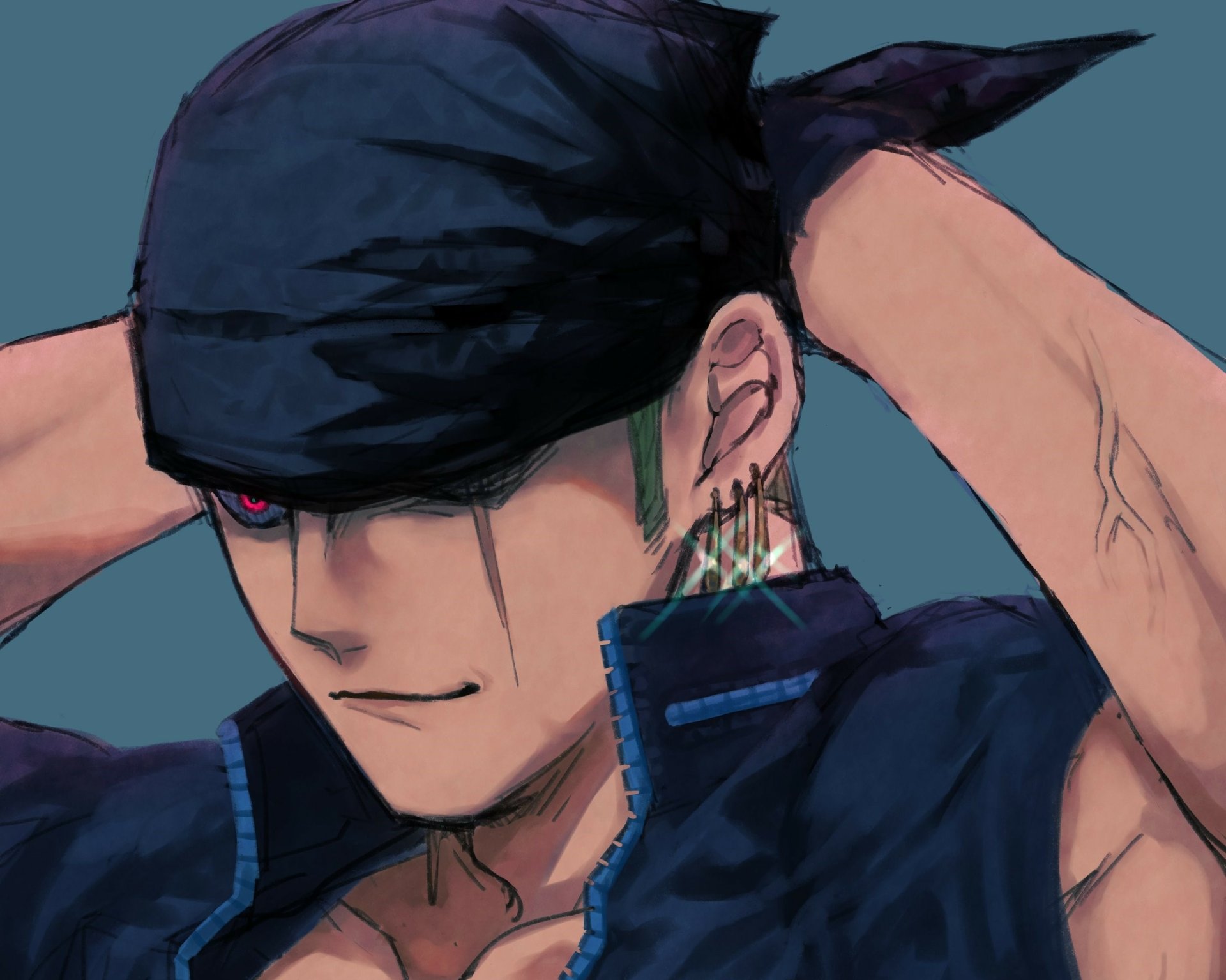 HD PC desktop wallpaper featuring Roronoa Zoro from the anime One Piece, showcasing his intense gaze and signature green hair partially covered by a black headscarf.