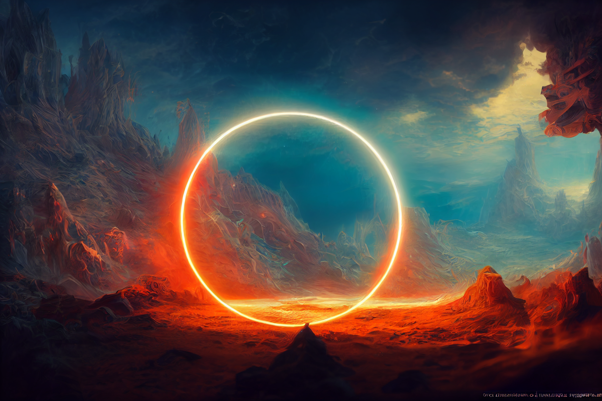 Dark concept art of a glowing circular portal set in a mysterious, rocky landscape under a moody sky, created as an AI-generated HD PC desktop wallpaper.