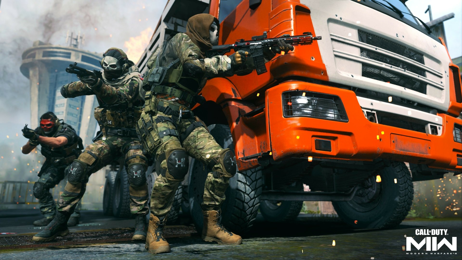 Video game wallpaper - Call of Duty: Modern Warfare II 4K Ultra HD PC background: three soldiers in tactical gear firing from cover beside an orange truck.
