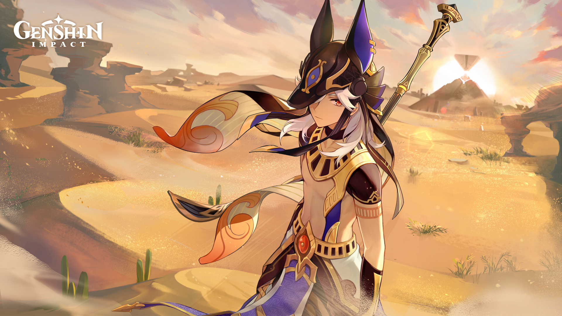 HD PC desktop wallpaper featuring Cyno from Genshin Impact standing in a desert landscape with warm, golden lighting, showcasing detailed character art from the video game.