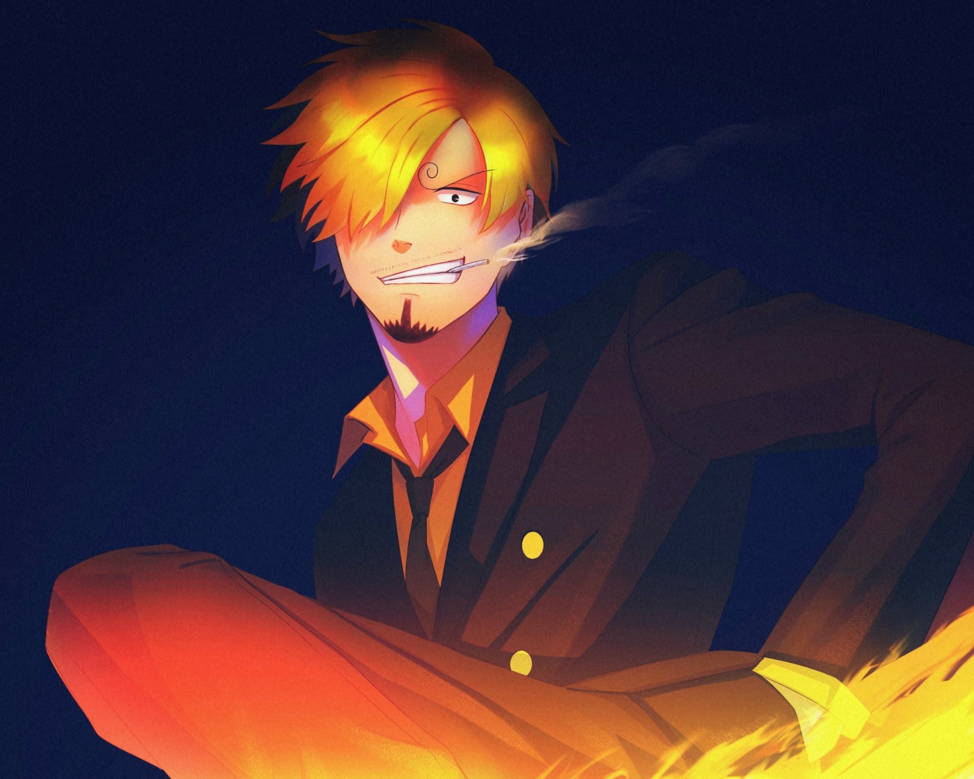 HD anime desktop wallpaper featuring Sanji from One Piece, showcasing the character’s signature blond hair and cigarette with a dark, moody background.