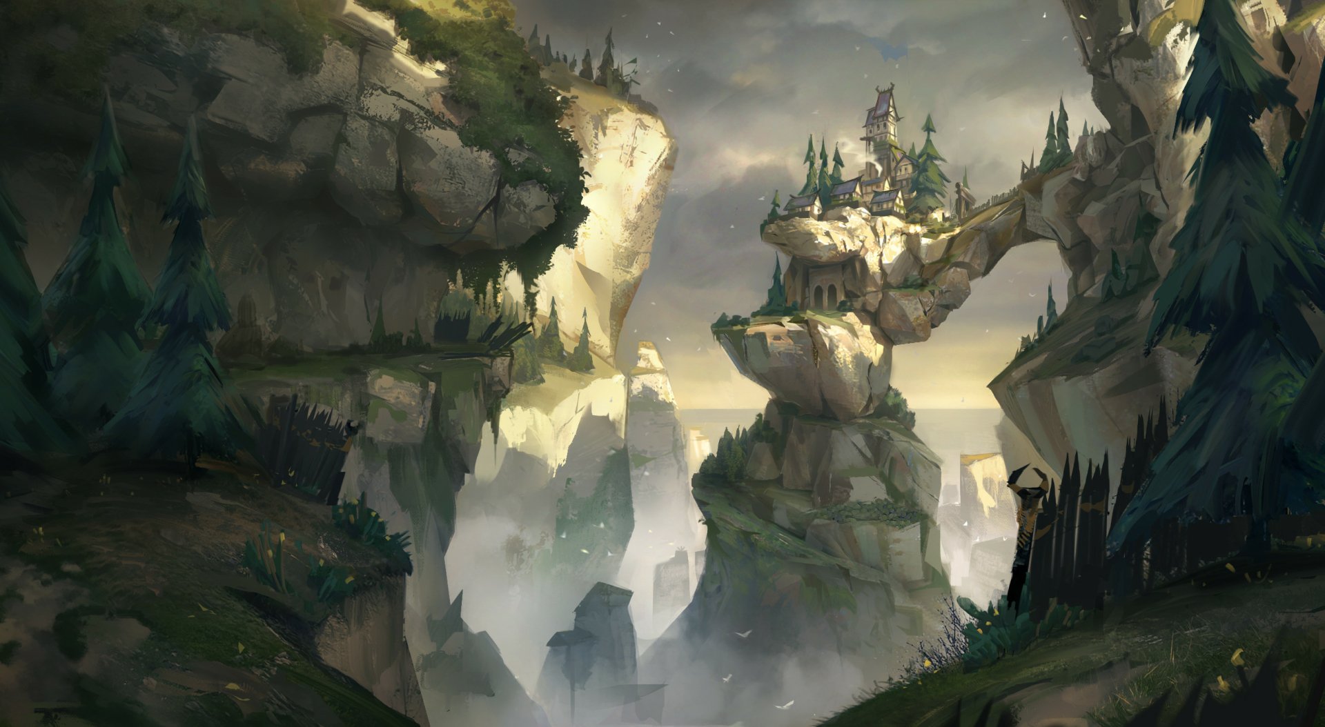 A fantasy city perched atop towering rocky cliffs connected by natural stone bridges, shrouded in mist and illuminated by soft, diffused light, rendered in HD for PC desktop wallpaper.