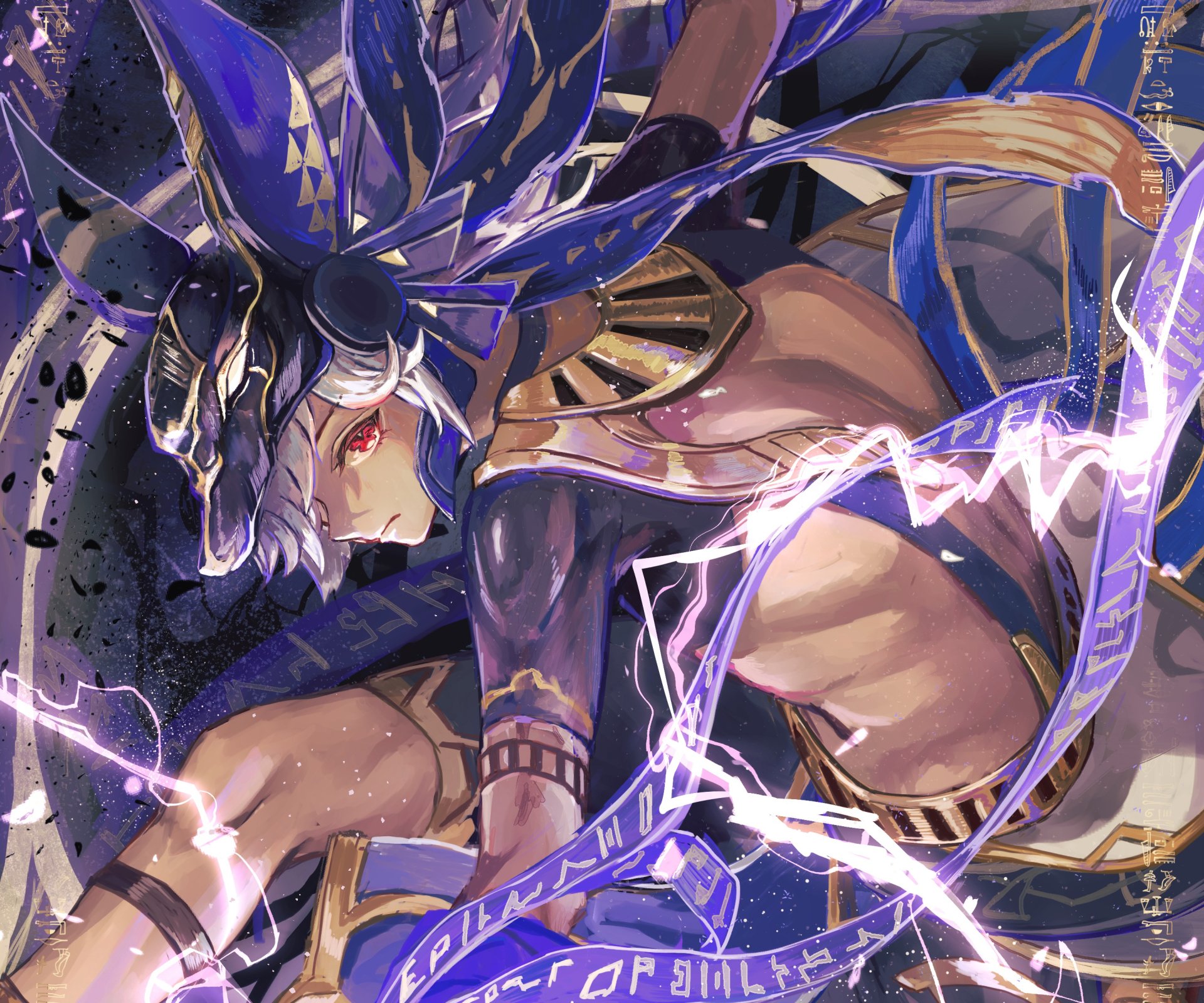 HD PC desktop wallpaper: Cyno from the video game Genshin Impact crouched in a dynamic pose, wearing Egyptian-style armor and mask as purple electro sparks arc across a dark, textured background.