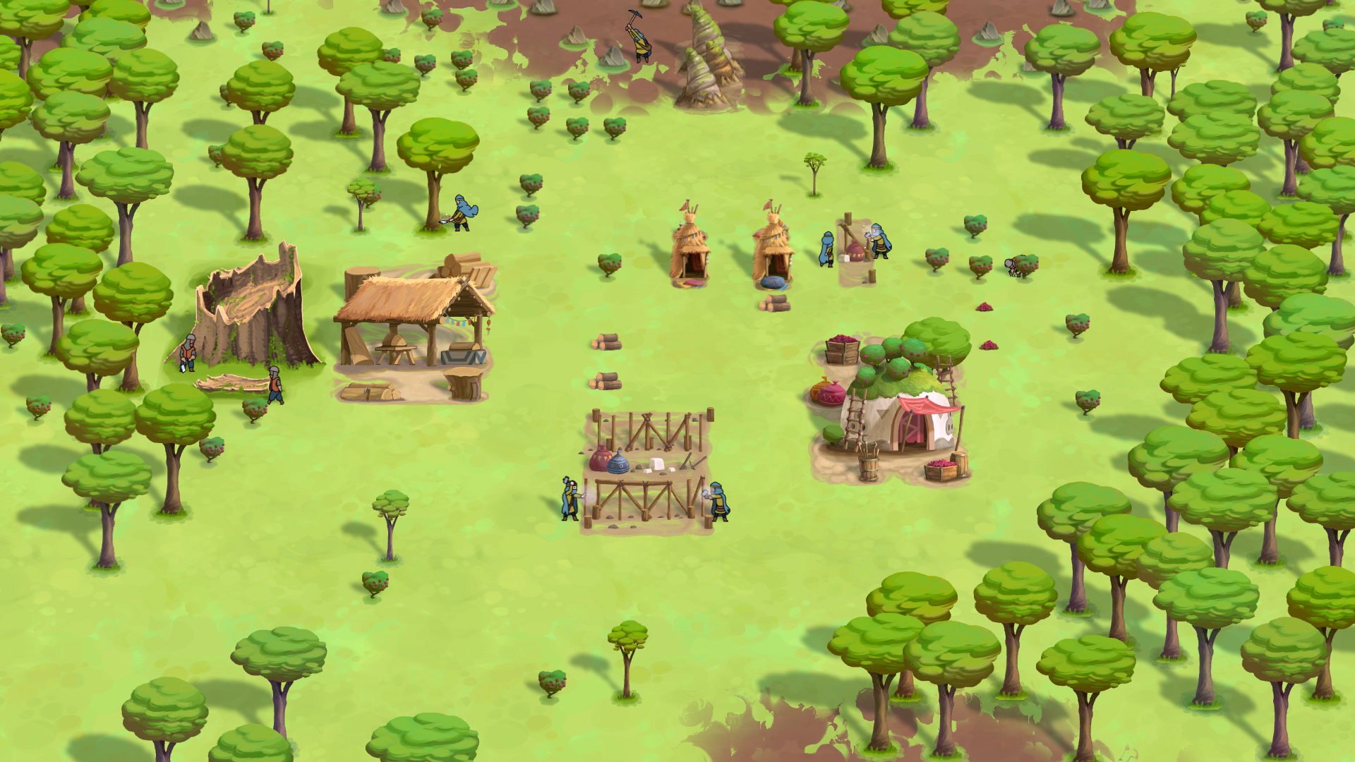 HD desktop wallpaper of 'The Wandering Village' game featuring a charming top-down view of a quaint village with thatched buildings and green trees scattered around.