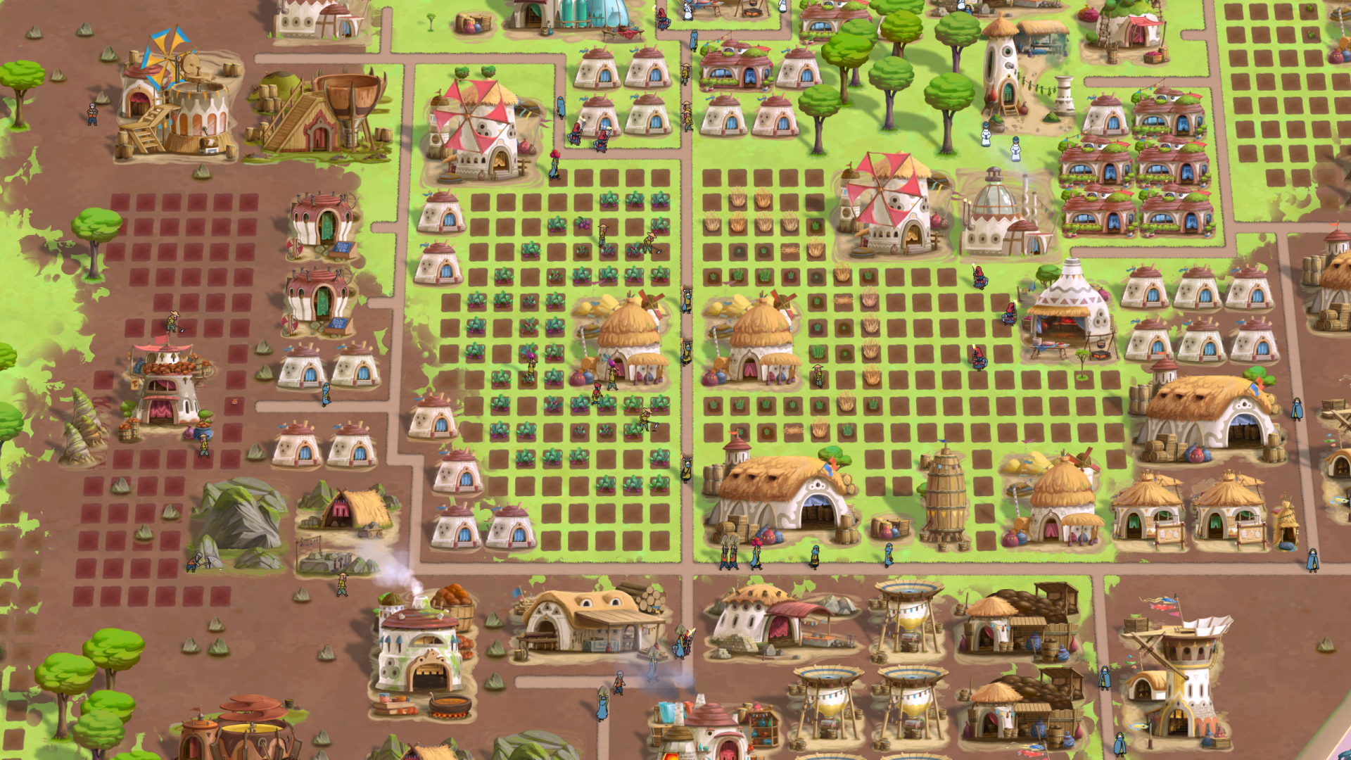 HD desktop wallpaper of The Wandering Village game showcasing a vibrant in-game village layout with buildings and farms.