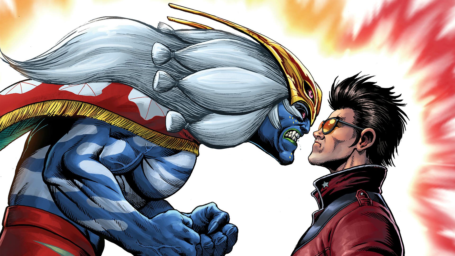 HD PC desktop wallpaper from the video game No More Heroes III, featuring a tense face-off between a muscular blue creature and a man with sunglasses against a fiery background.