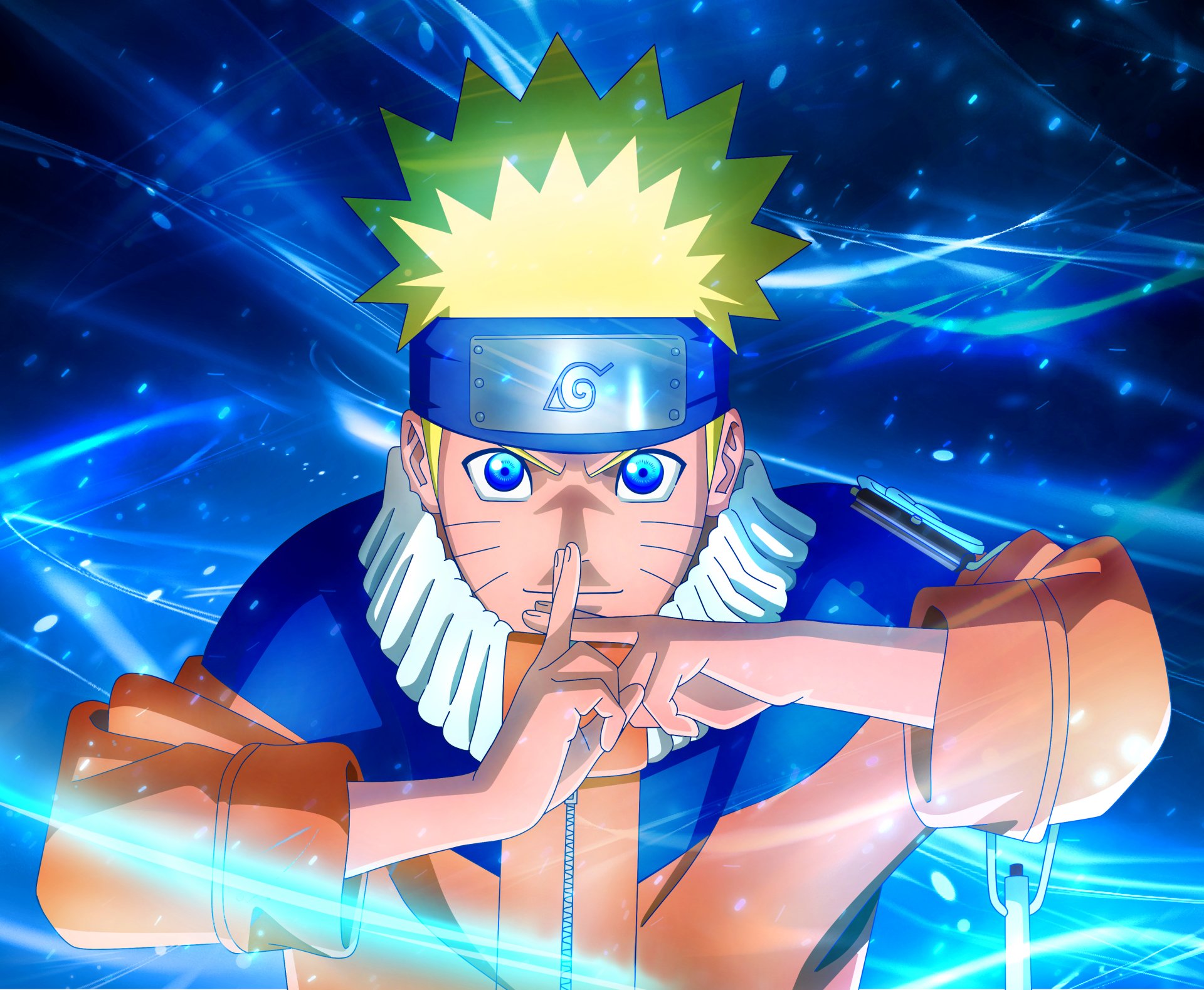 4K Ultra HD anime wallpaper featuring Naruto Uzumaki from Naruto, performing a hand sign with glowing blue energy swirling in the background.
