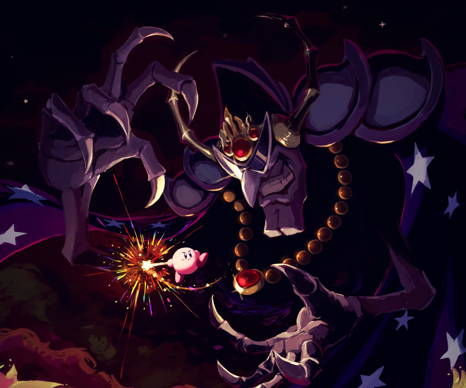 HD PC desktop wallpaper featuring Kirby facing a menacing dark dragon with glowing eyes and a beaded necklace in a dramatic video game scene.