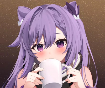 Keqing (Genshin Impact) close-up sipping a mug, purple hair and violet eyes; 2K Quad HD PC desktop wallpaper/background from the Genshin Impact video game.