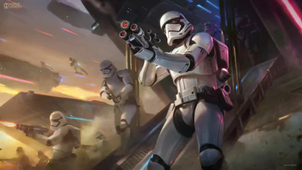 HD PC desktop wallpaper: Mobile Legends: Bang Bang video game stormtroopers firing blasters on a smoky, war-torn landing platform, cinematic sci‑fi action background.