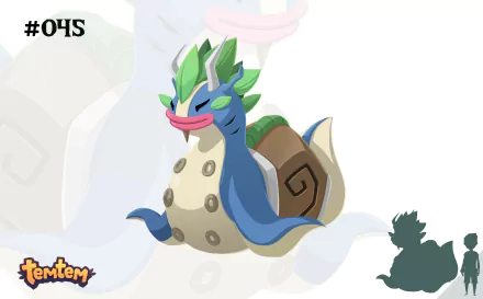 A vibrant HD wallpaper featuring a Temtem character, #04S, showcasing its unique design with green and blue colors, set against a minimalist background.