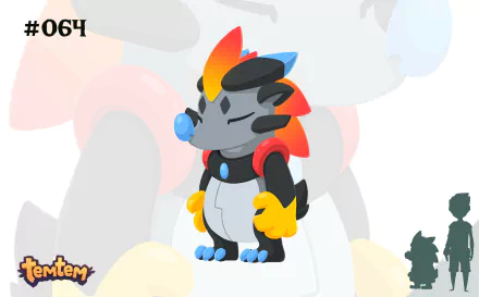 A vibrant HD wallpaper featuring a Temtem character, #064. The design showcases colorful features and a playful pose, set against a subtle, abstract background.