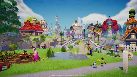 HD wallpaper featuring Disney Dreamlight Valley with colorful buildings, Disney characters, and lush scenery.