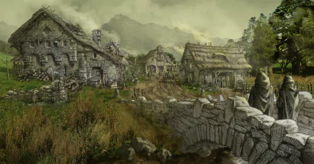 2K Quad HD PC desktop wallpaper of a rustic riverside village from the TV show The Lord of the Rings: The Rings of Power, featuring a stone bridge, cottages and misty hills.