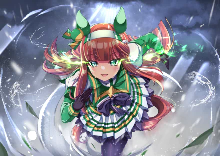 HD PC wallpaper of Silence Suzuka from Uma Musume: Pretty Derby — dynamic close-up of the red‑haired, green‑eyed horse‑girl in a green-and-white racing outfit with motion streaks and glowing effects.
