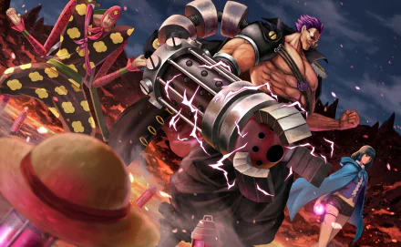 HD PC desktop wallpaper featuring dynamic anime characters from One Piece, showcasing intense action with vibrant colors and electric effects.