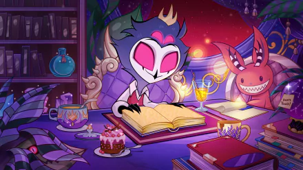 Stolas from Helluva Boss sits at a colorful desk, studying a large book amidst whimsical decorations, with a playful creature by his side. This vibrant artwork serves as a striking 4K ultra HD desktop wallpaper.