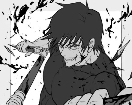 HD PC desktop wallpaper featuring Toji Fushiguro from the anime Jujutsu Kaisen, depicted in a dynamic black and white illustration with intense expression and weaponry.