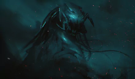 HD PC desktop wallpaper depicting a dark, ominous sci-fi Predator figure emerging from misty shadows with glowing blue eyes and intricate armor details.