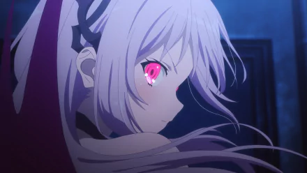 HD PC desktop wallpaper featuring Kisara from the anime Engage Kiss, showcasing her distinctive pink eye and flowing silver hair in a dark, atmospheric setting.