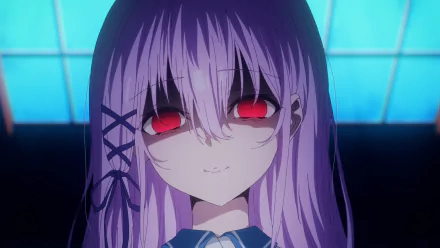 HD anime desktop wallpaper featuring Kisara from Engage Kiss with striking red eyes and purple hair against a glowing blue background.