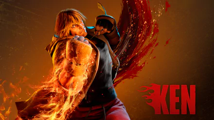 Ken Masters from Street Fighter 6 unleashes a fiery punch in this dynamic 8K Ultra HD PC desktop wallpaper.