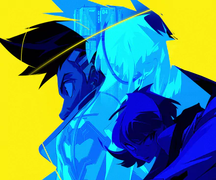 HD anime desktop wallpaper featuring vivid blue and yellow tones from Cyberpunk: Edgerunners, showcasing stylized characters in a dynamic, futuristic cyberpunk style.