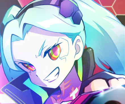 Rebecca from Cyberpunk: Edgerunners — close-up anime portrait with cyan hair, neon eyes and a mischievous grin; vibrant 2K Quad HD PC desktop wallpaper/background.