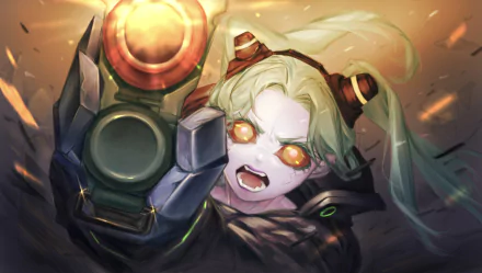 HD desktop wallpaper of Rebecca from Cyberpunk: Edgerunners, depicted with glowing eyes and dynamic pose in a vibrant anime-style Cyberpunk setting.