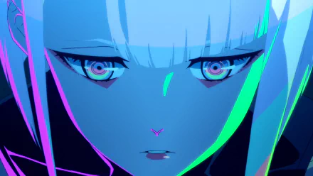 Close-up HD anime wallpaper of Lucy from Cyberpunk: Edgerunners, featuring her intense gaze and vibrant neon lighting in a cyberpunk style.