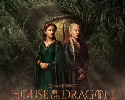 HD desktop wallpaper featuring two women from the TV show House of the Dragon standing against a dark, dragon-scale textured background with the Game of Thrones logo.