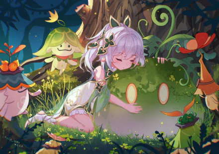 HD PC desktop wallpaper featuring Nahida from Genshin Impact surrounded by Aranara creatures in a vibrant, magical forest setting.