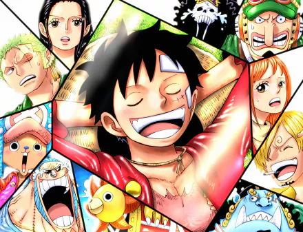Vibrant 4K Ultra HD anime wallpaper featuring Monkey D. Luffy and One Piece crew members in dynamic, expressive poses for PC desktop background.