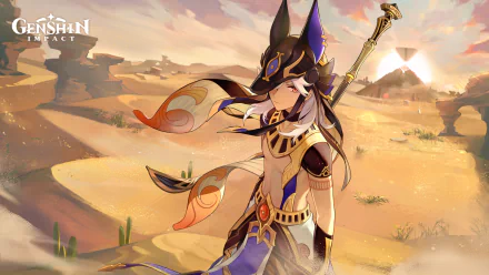 HD PC desktop wallpaper featuring Cyno from Genshin Impact standing in a desert landscape with warm, golden lighting, showcasing detailed character art from the video game.