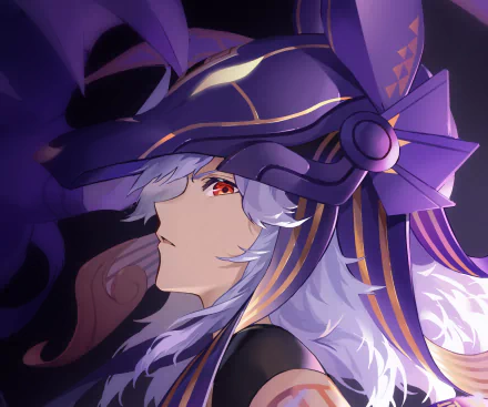 HD PC desktop wallpaper featuring Cyno from the video game Genshin Impact, showcasing his detailed purple-themed helmet and striking red eyes in a close-up profile view.