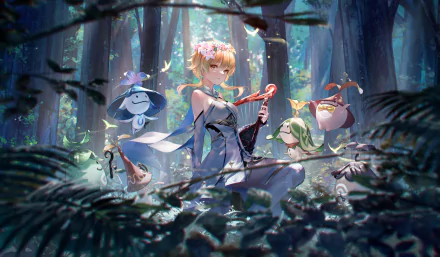HD PC desktop wallpaper featuring Lumine from Genshin Impact surrounded by Aranara creatures in a mystical forest setting.