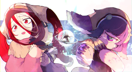 4K Ultra HD PC desktop wallpaper of Vueko and Pakkoyan from Made in Abyss — anime-style, hooded cloaks and vivid colors with a glowing orb between them.