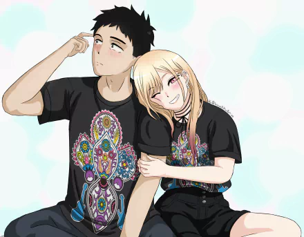 Anime-style 4K Ultra HD desktop wallpaper featuring Marin Kitagawa and Wakana Gojo from My Dress-Up Darling wearing matching ornate black shirts.