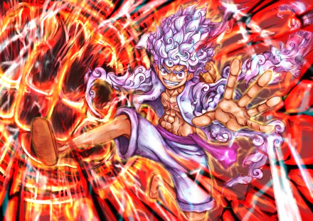 4K Ultra HD PC wallpaper of Monkey D. Luffy in Gear 5 from One Piece anime — white-puffed hair, manic grin, outstretched fist amid swirling red-orange fiery energy
