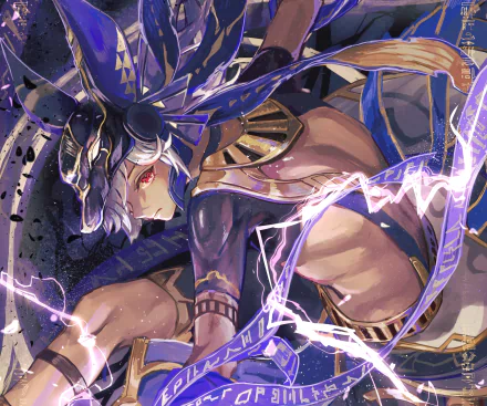HD PC desktop wallpaper: Cyno from the video game Genshin Impact crouched in a dynamic pose, wearing Egyptian-style armor and mask as purple electro sparks arc across a dark, textured background.