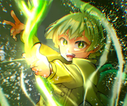 Clara Valac from the anime Mairimashita! Iruma-kun unleashing green magical energy in a dynamic 4K Ultra HD PC desktop wallpaper.