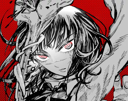 4K Ultra HD anime wallpaper featuring Asa Mitaka, the War Devil, from Chainsaw Man with intense red eyes and dynamic black-and-white artwork against a bold red background.