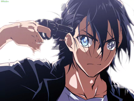 HD anime wallpaper featuring Shinpei Ajiro from Summer Time Rendering, depicting an intense moment with sharp blue eyes and a gun held to his head.