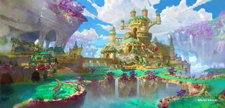 A vibrant fantasy landscape featuring a majestic castle on floating islands surrounded by lush greenery and colorful flora, rendered in HD for PC desktop wallpaper.