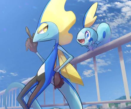 HD PC desktop wallpaper featuring Sobble and Inteleon from Pokémon: Sword and Shield against a bright blue sky background.