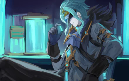 HD PC desktop wallpaper of Il Dottore (Genshin Impact) seated in a teal-lit lab, masked and gloved, holding a vial with glowing panels in the background.