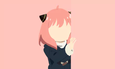 HD PC desktop wallpaper/background of Anya Forger from Spy x Family — minimalist anime illustration of Anya peeking from a pink panel in her navy outfit.