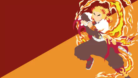 Kyojuro Rengoku from Demon Slayer: Kimetsu no Yaiba depicted in vibrant flames on a bold red and orange 4K Ultra HD anime desktop wallpaper.