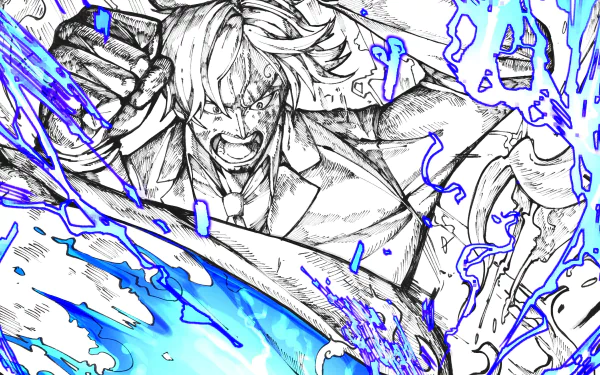 HD PC wallpaper featuring Sanji from the anime One Piece, depicted in an intense, dynamic black-and-white sketch with vibrant blue flame effects.
