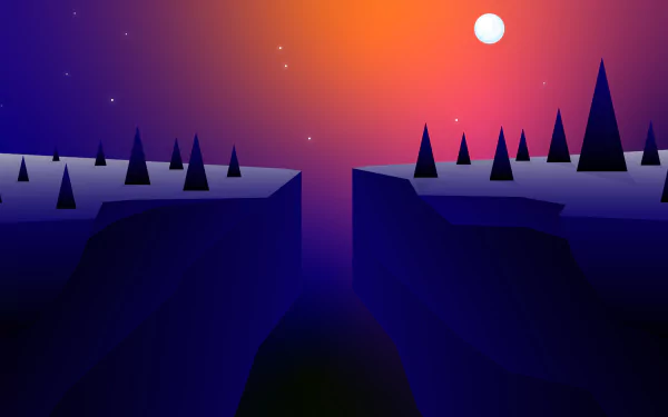 Artistic night 4K Ultra HD PC desktop wallpaper and background: stylized canyon split with silhouetted pine trees, deep blue shadows and an orange-purple sky with stars and a bright moon.
